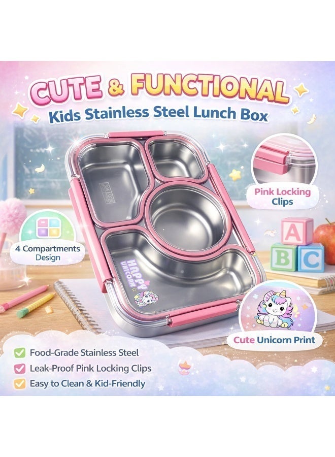 Beram Premium 304 Stainless Steel Bento Lunch Box Silicone & PP Leakproof 4-Compartment Lunch Box for School & Office Eco-Friendly Steel Tiffin Box for Kids & Adults Food Storage Meal Prep Container - Image 2